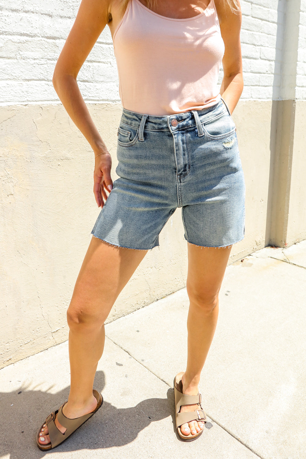 Judy Blue Medium Wash High Rise Side Slit Frayed Shorts