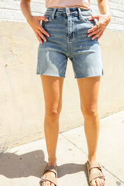 Judy Blue Medium Wash High Rise Side Slit Frayed Shorts