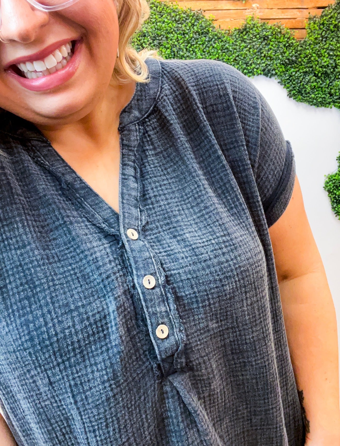 Worn In Washed Henley Top in Black