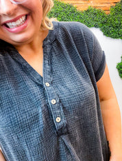 Worn In Washed Henley Top in Black