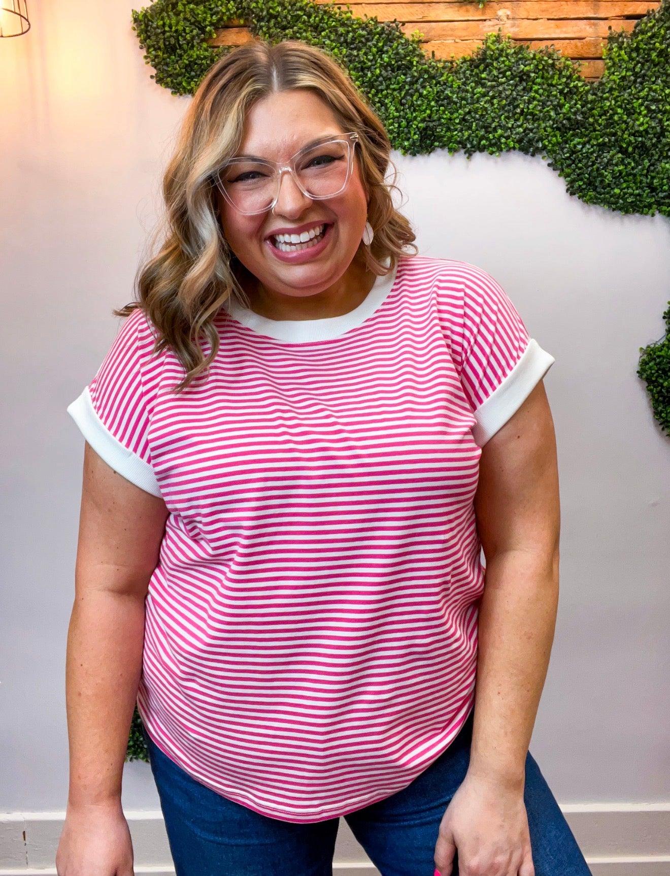 Pop of Happy Stripe Top in Hot Pink