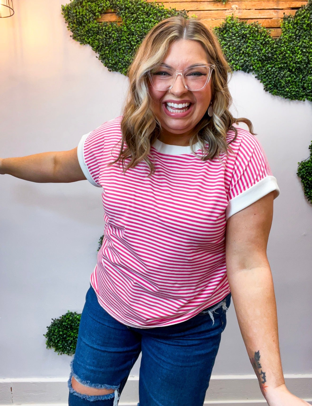 Pop of Happy Stripe Top in Hot Pink