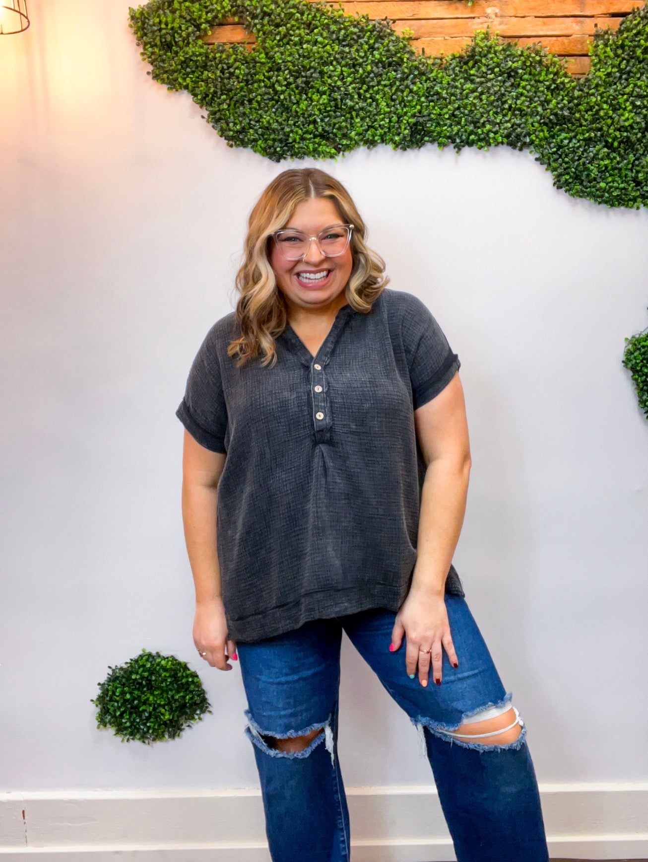 Worn In Washed Henley Top in Black