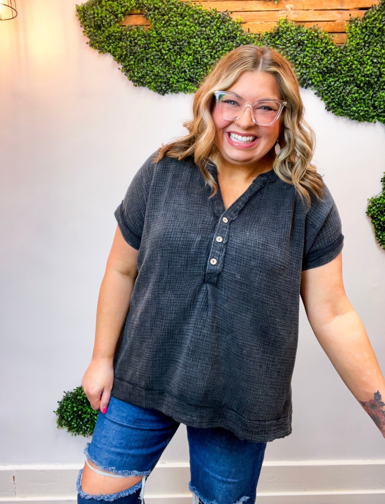 Worn In Washed Henley Top in Black
