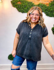 Worn In Washed Henley Top in Black