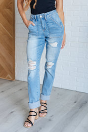 High Rise Patch Pocket Distressed Boyfriend Judy Blue Jeans