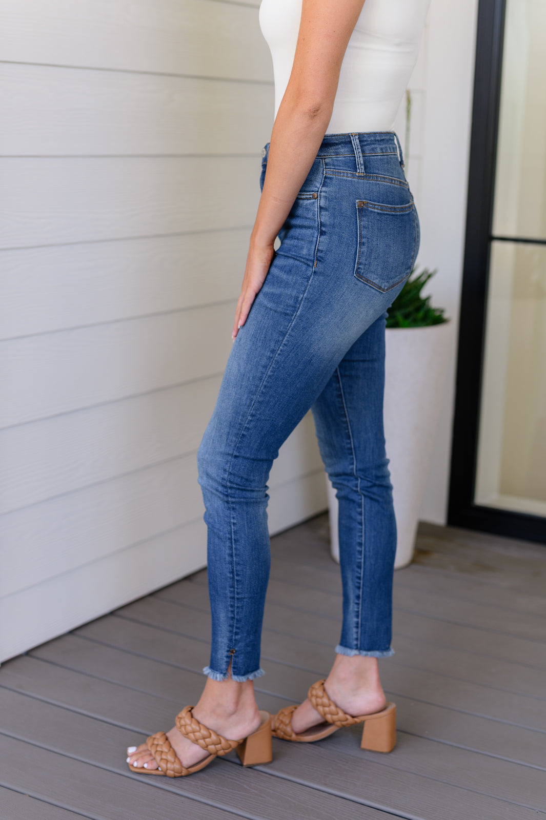 High Rise Tummy Control Side Slit Skinny Judy Blue Jeans – happily