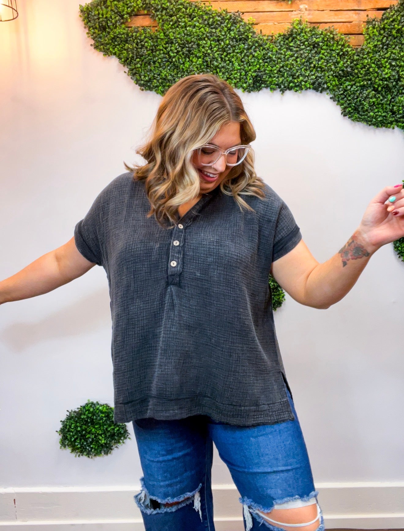 Worn In Washed Henley Top in Black