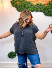Worn In Washed Henley Top in Black