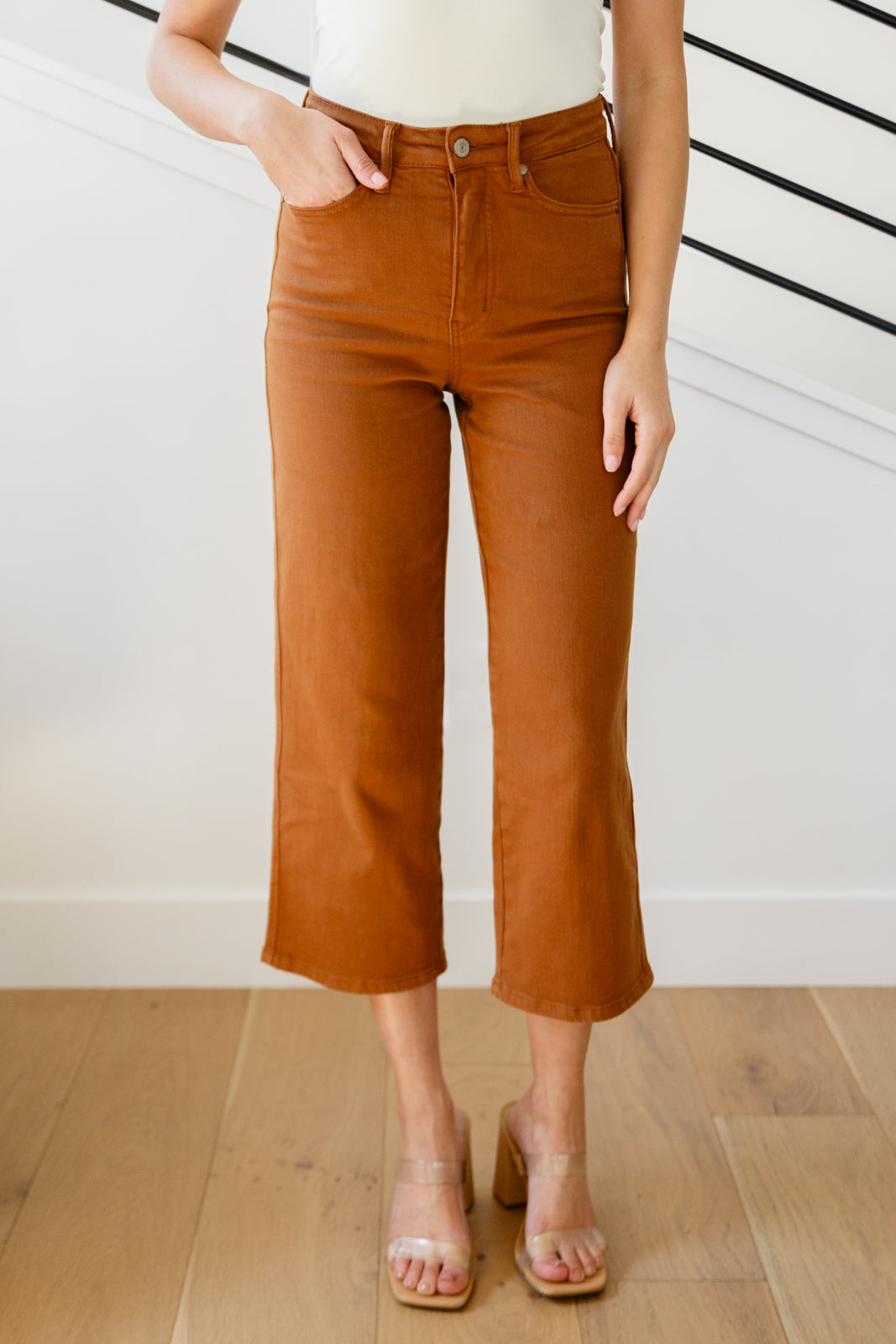 High Rise Tummy Control Wide Leg Crop Judy Blue Jeans in Camel