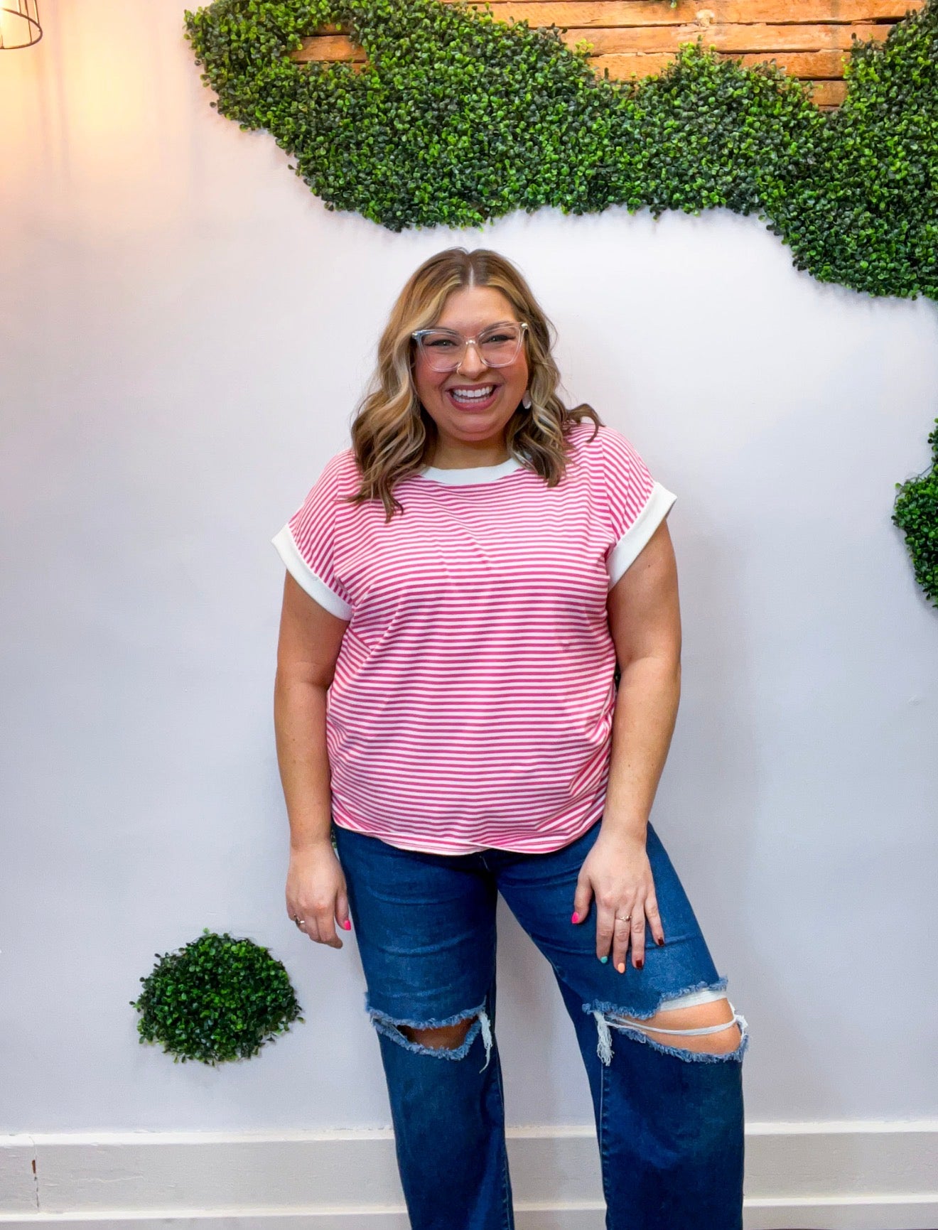 Pop of Happy Stripe Top in Hot Pink
