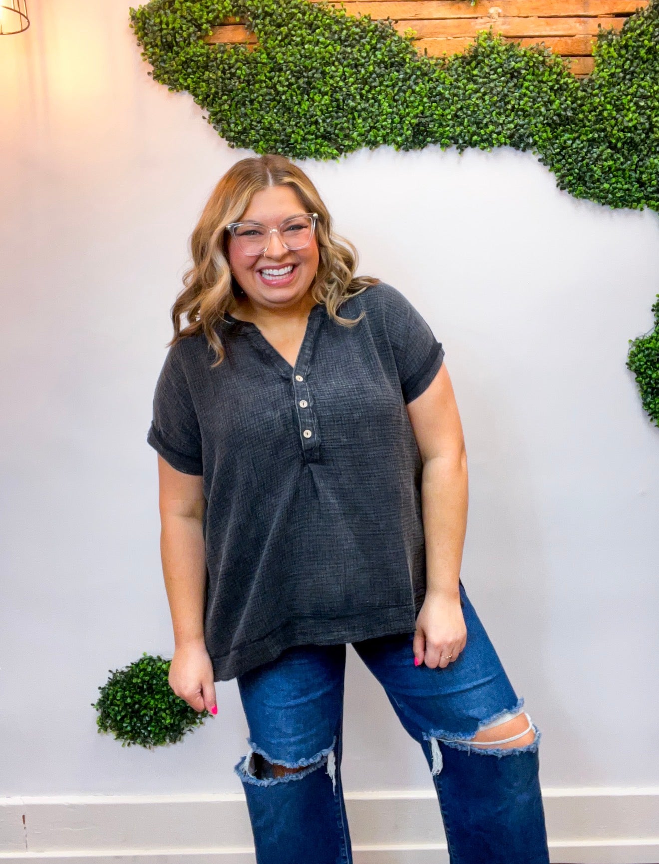 Worn In Washed Henley Top in Black