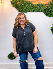 Worn In Washed Henley Top in Black