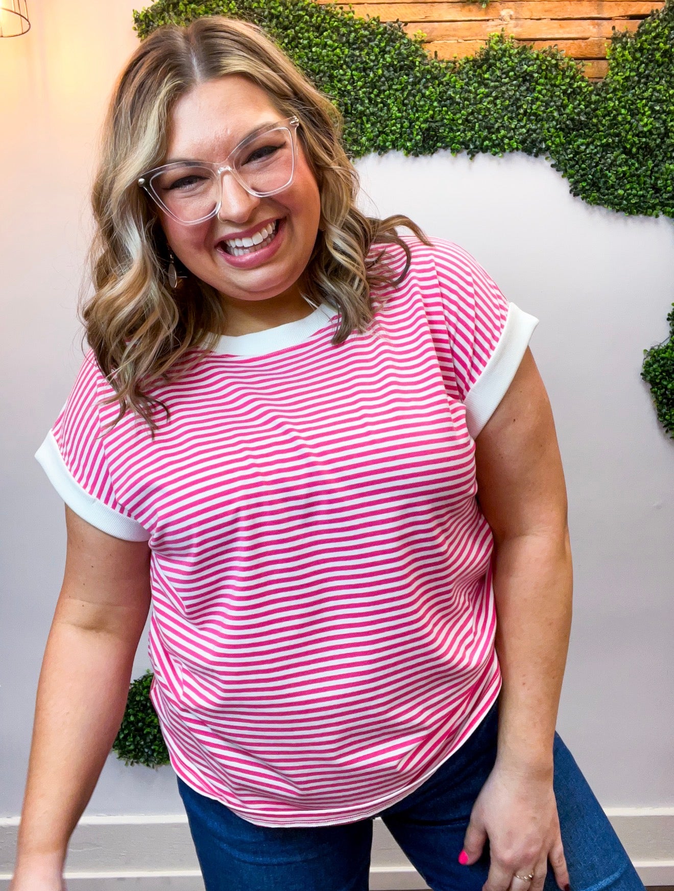 Pop of Happy Stripe Top in Hot Pink