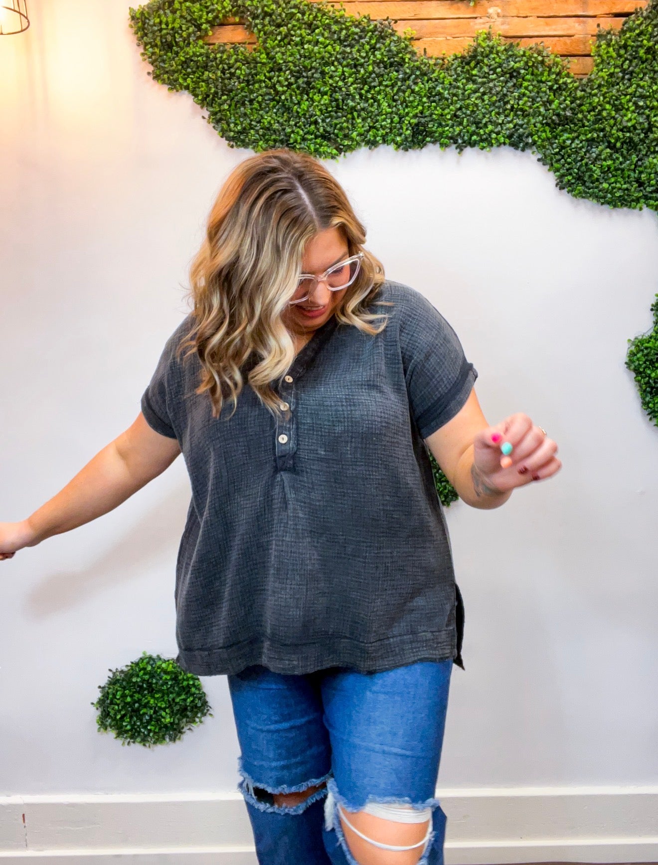 Worn In Washed Henley Top in Black