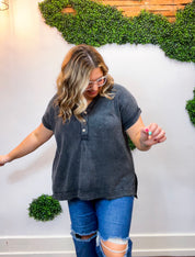 Worn In Washed Henley Top in Black