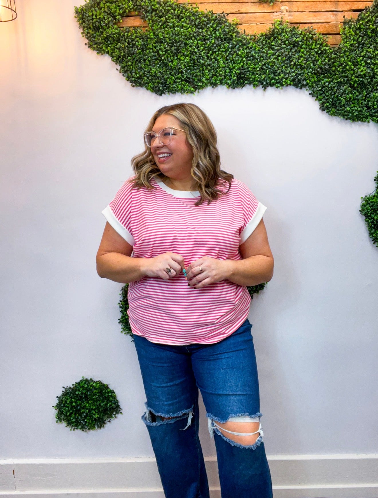 Pop of Happy Stripe Top in Hot Pink