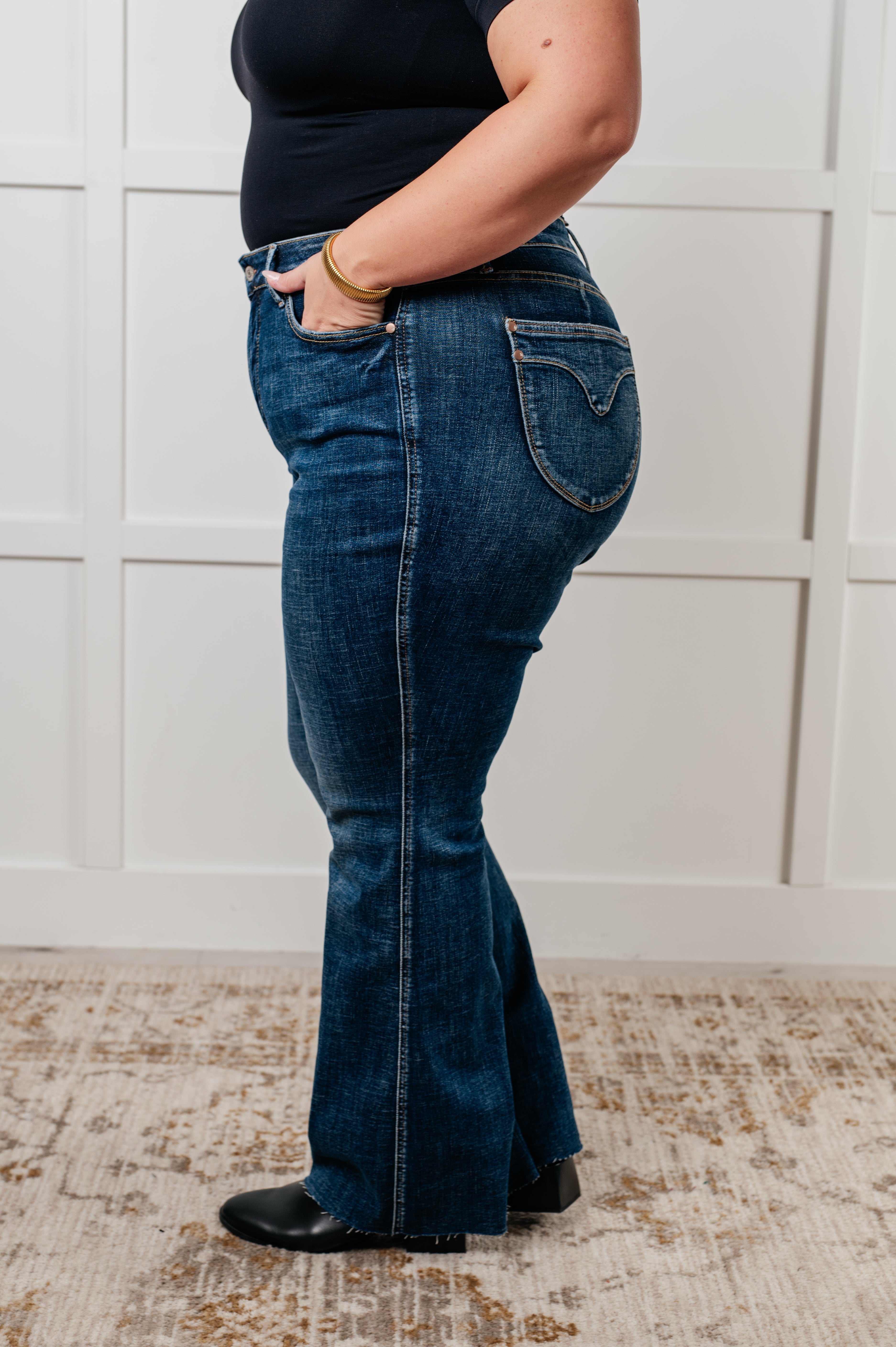 High Rise Tummy Control Dark Wash Shield Pocket Flare Judy Blue Jeans