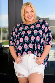 Dear Scarlett Essential Blouse in Navy and Pink Daisies