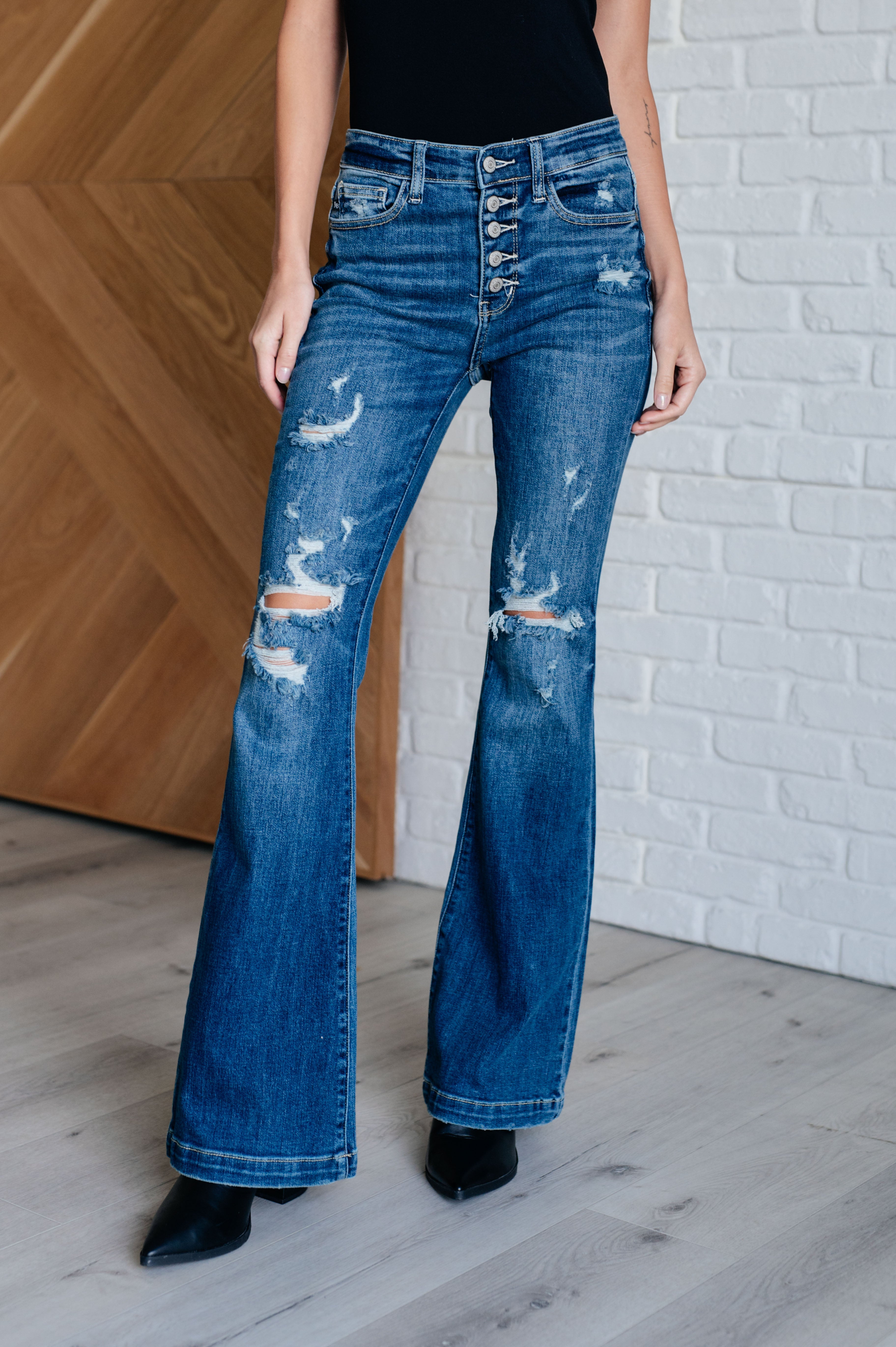 Mid Rise Distressed Button Fly Judy Blue Flares