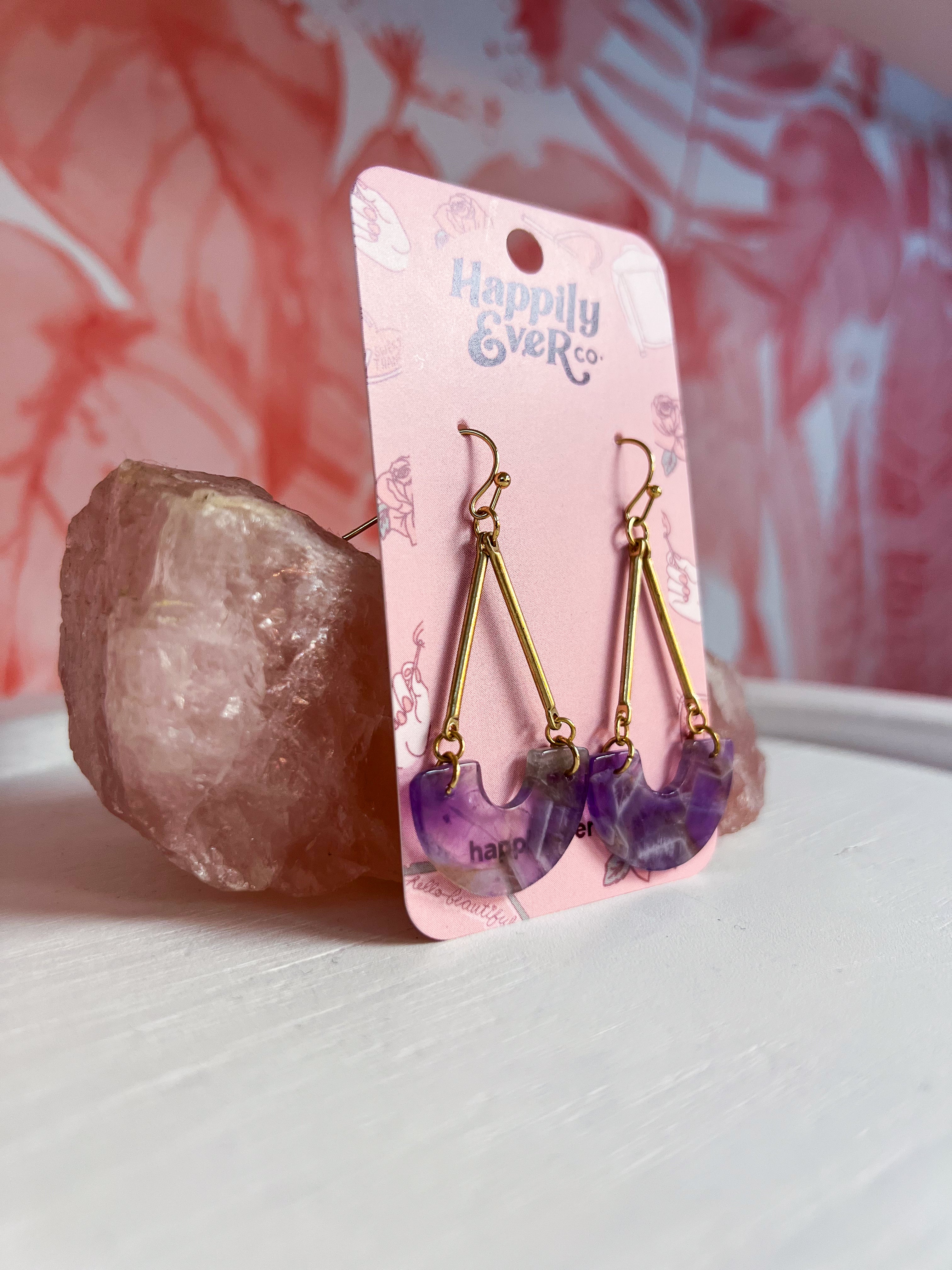 Semi Precious Stone Slice Earrings - Purple *FINAL SALE*