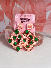 Pink & Green Cheetah Beaded Square Drop Earrings *Final Sale*