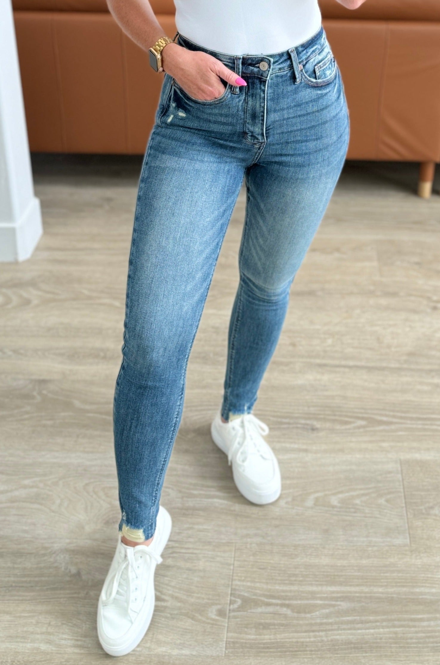 High Rise Tummy Control  Distressed Hem Skinny Judy Blue  Jeans