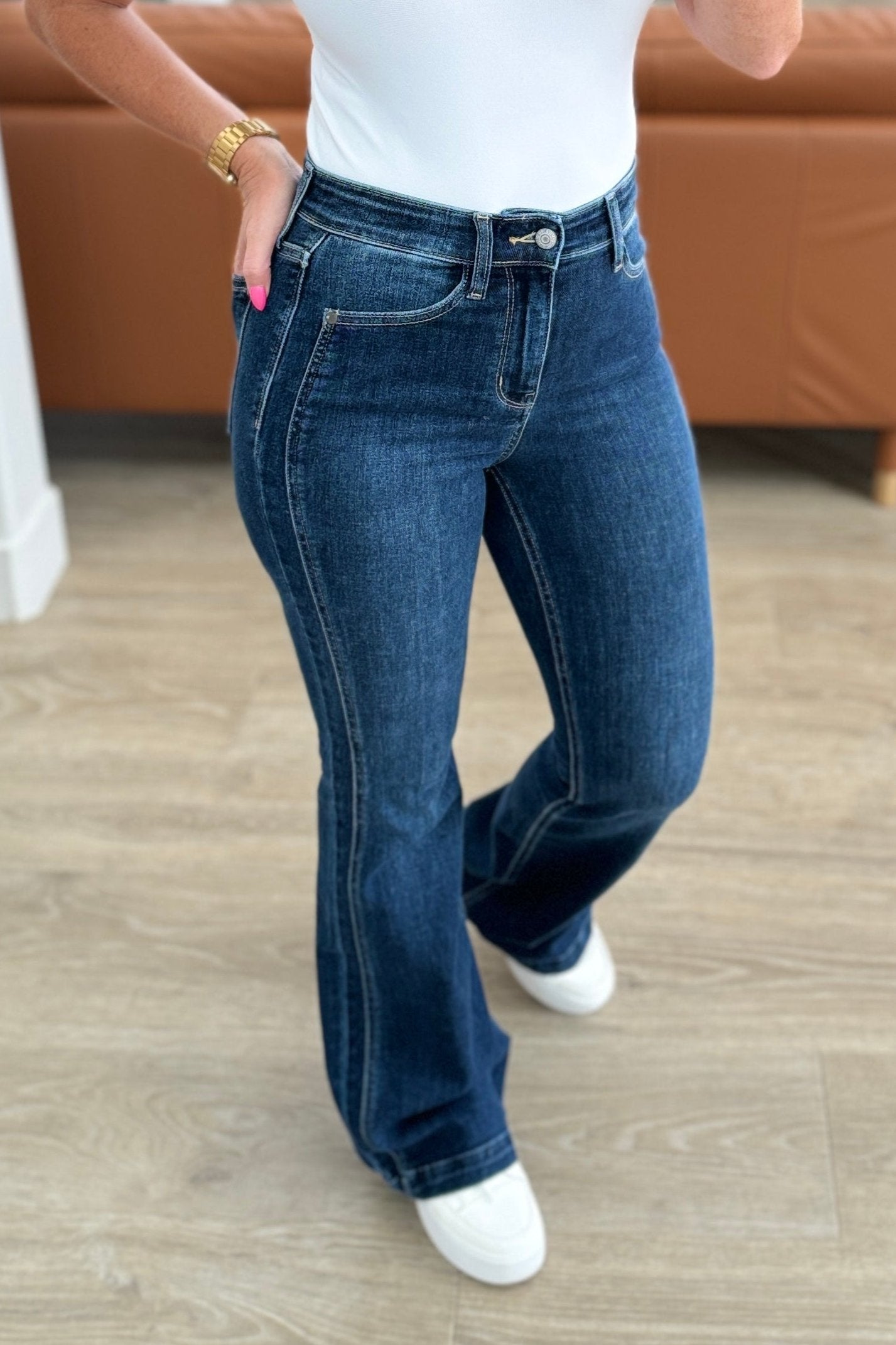 High Rise Dark Wash Side Seam Detail Flare Judy Blue Jeans