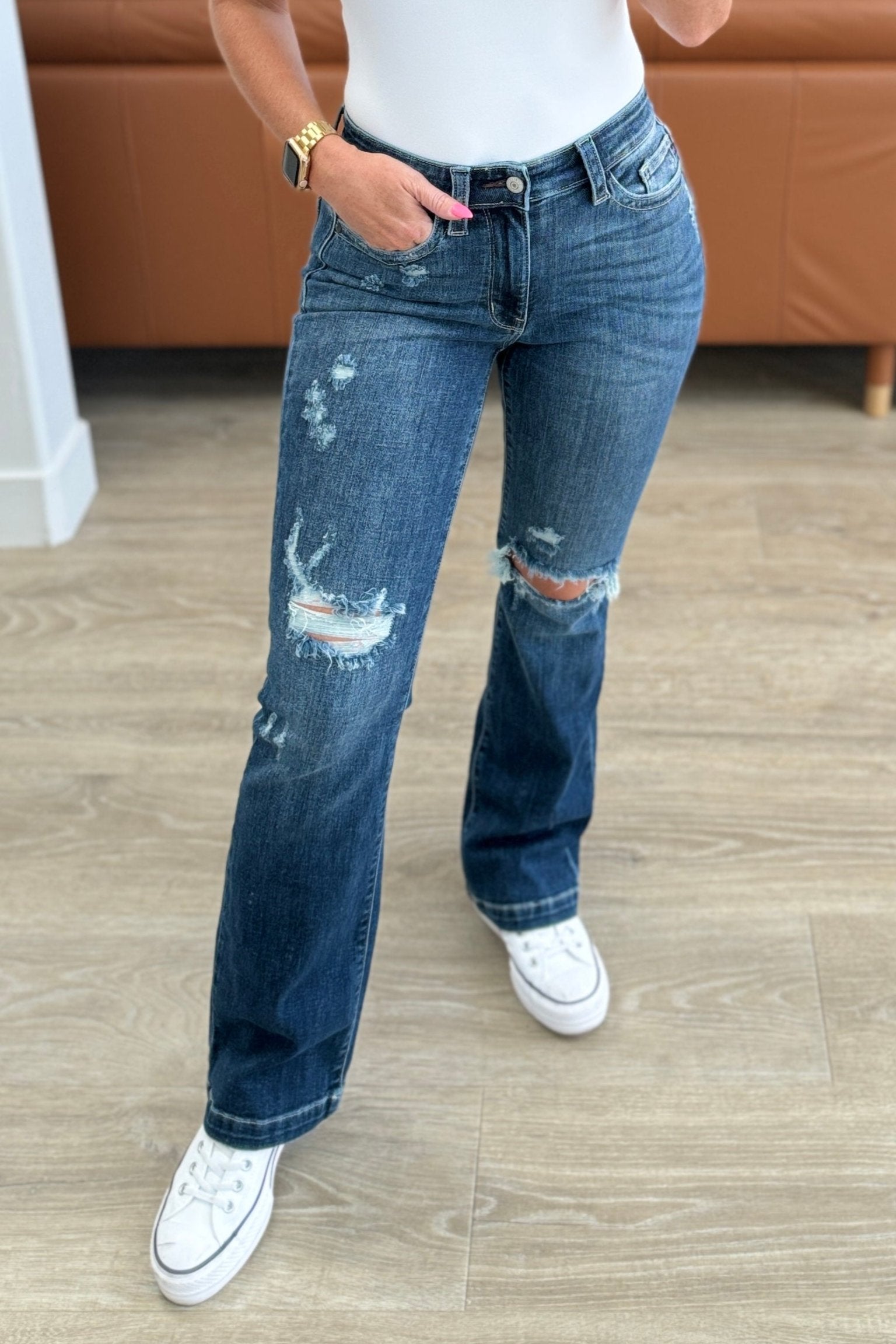 Mid Rise Dark Wash Distressed Bootcut Judy Blue Jeans