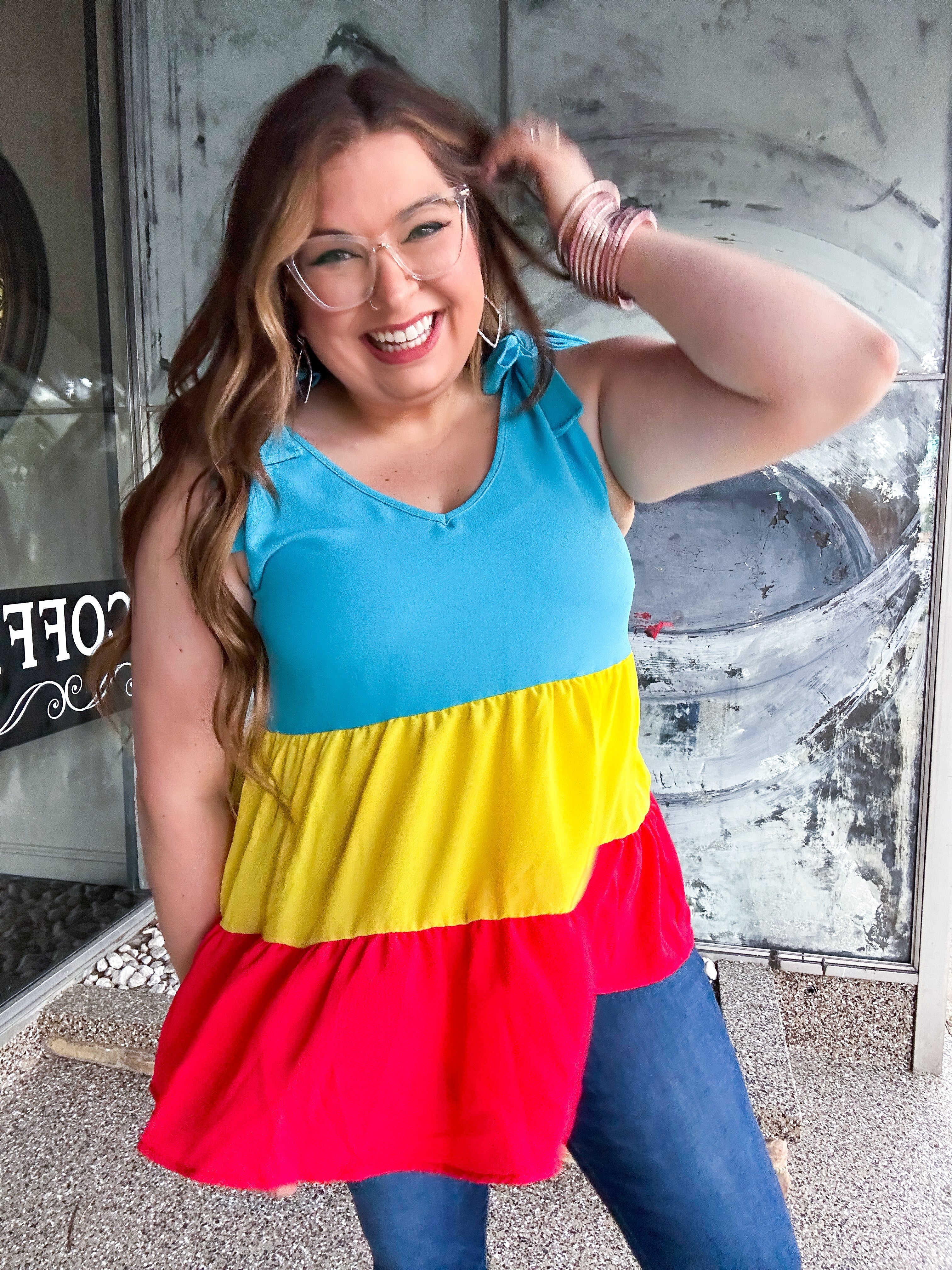 Multicolor Tiered Shoulder Tie Bow Top *FINAL SALE* 1X Only*