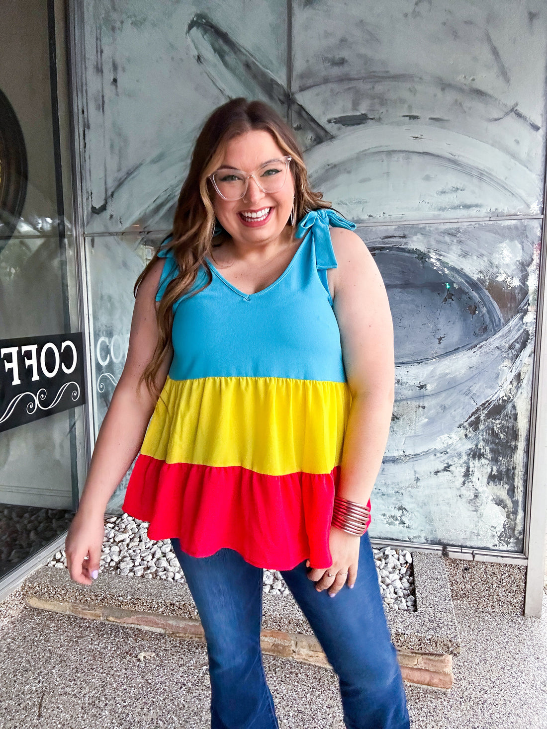 Multicolor Tiered Shoulder Tie Bow Top *FINAL SALE* 1X Only*