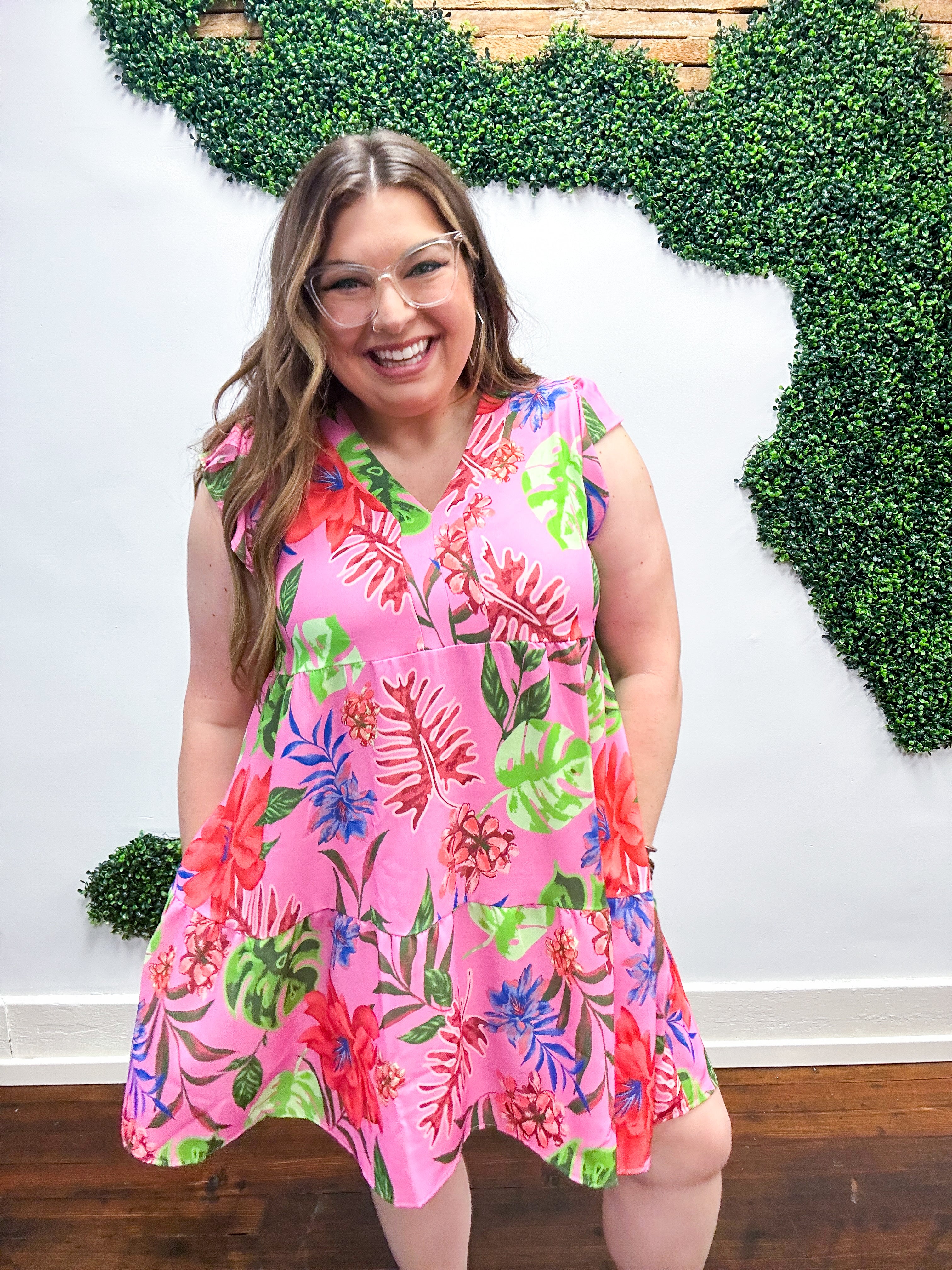 Topanga Tropical Ruffle Sleeve Dress - Pink *FINAL SALE*