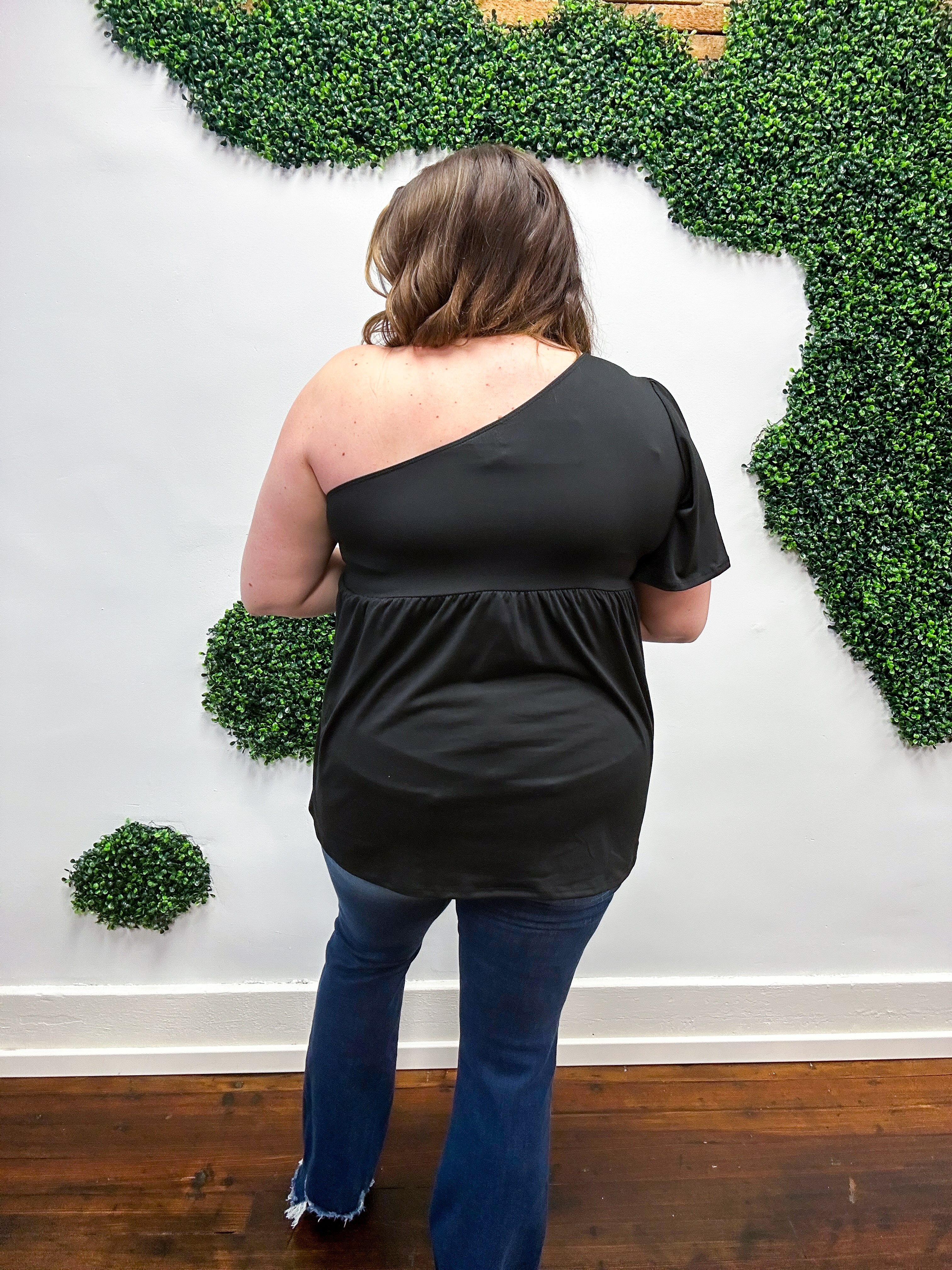 Essential One Shoulder Flare Sleeve Top - Black *FINAL SALE* SMALL, 2X &amp; 3X ONLY!