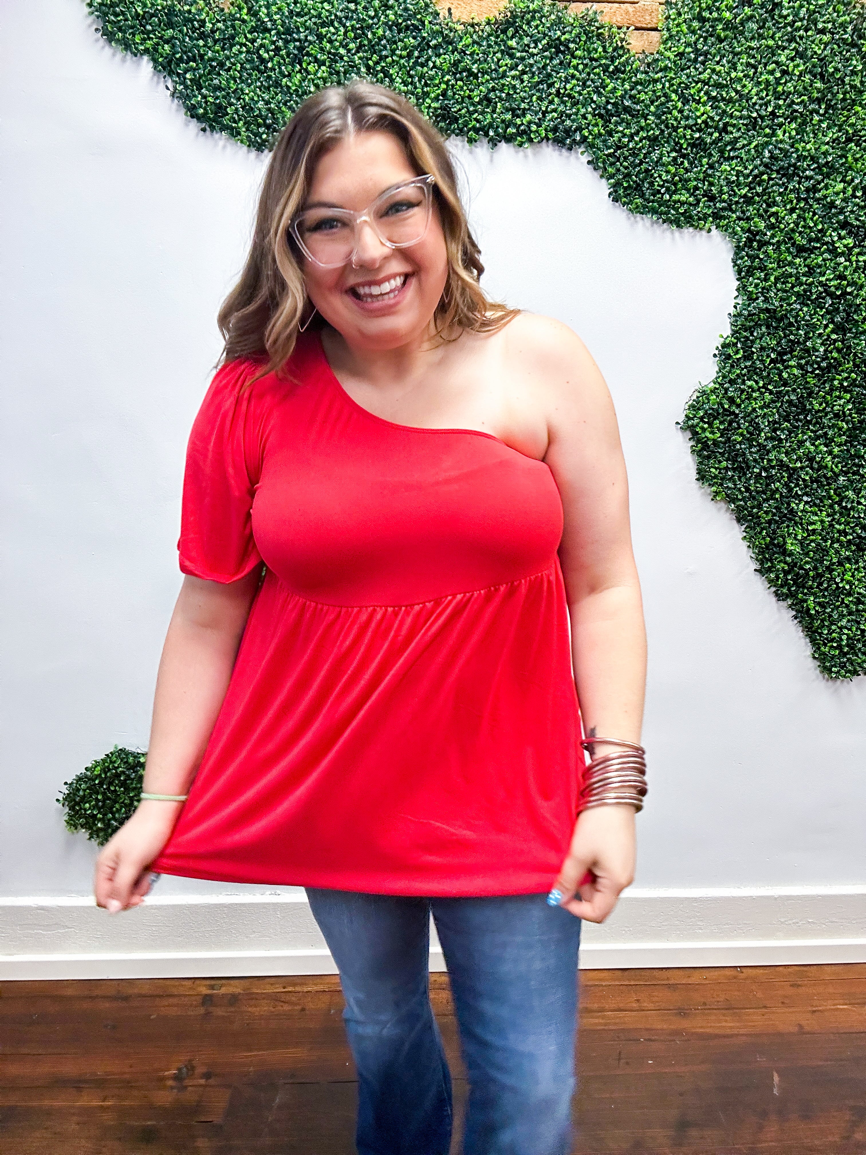 Essential One Shoulder Flare Sleeve Top - Red *FINAL SALE* 1X 2X &amp; 3X ONLY!*