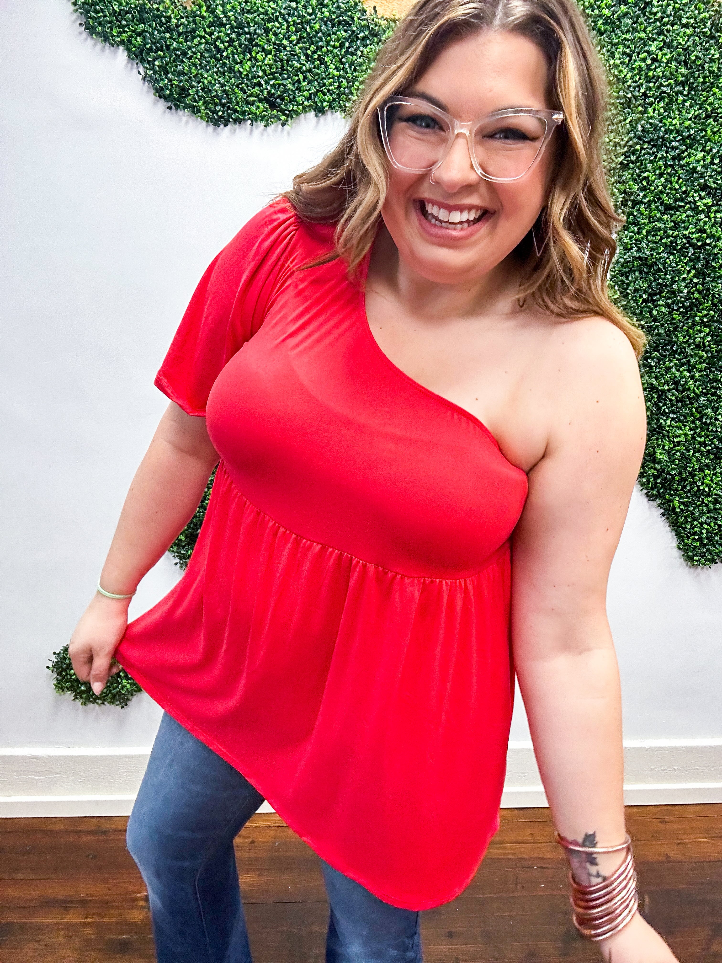 Essential One Shoulder Flare Sleeve Top - Red *FINAL SALE* 1X 2X &amp; 3X ONLY!*