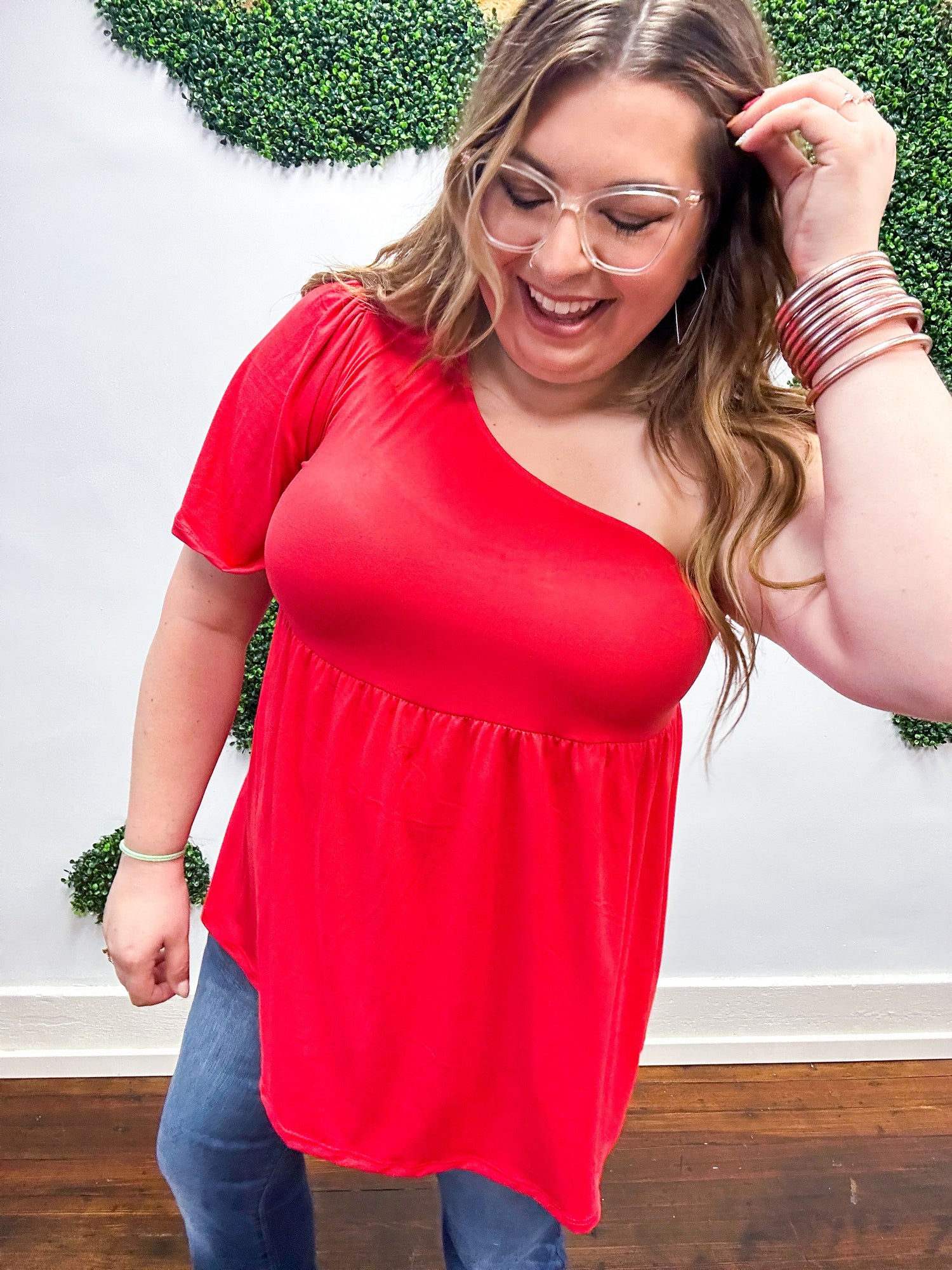 Essential One Shoulder Flare Sleeve Top - Red *FINAL SALE* 1X 2X &amp; 3X ONLY!*