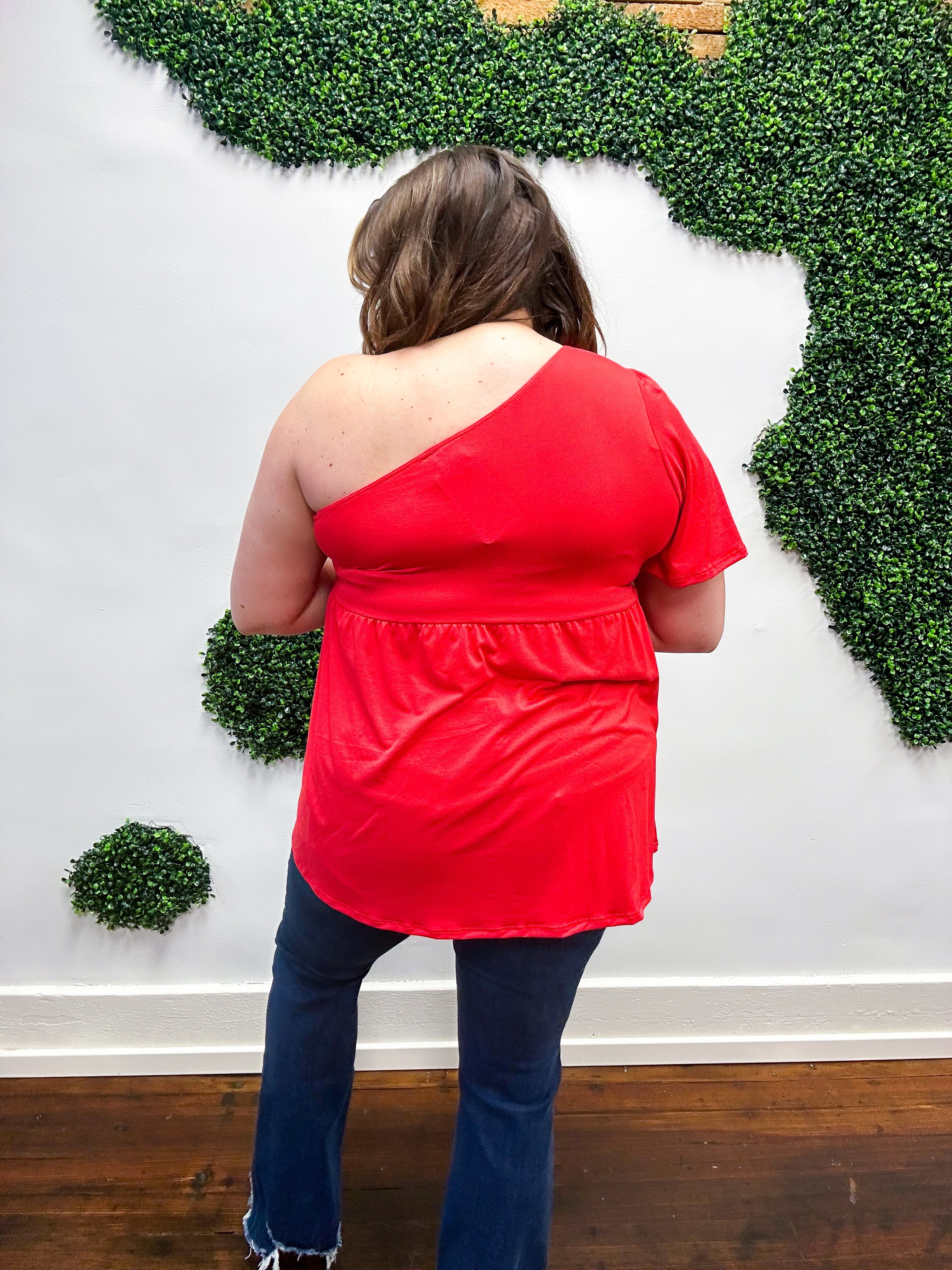 Essential One Shoulder Flare Sleeve Top - Red *FINAL SALE* 1X 2X &amp; 3X ONLY!*