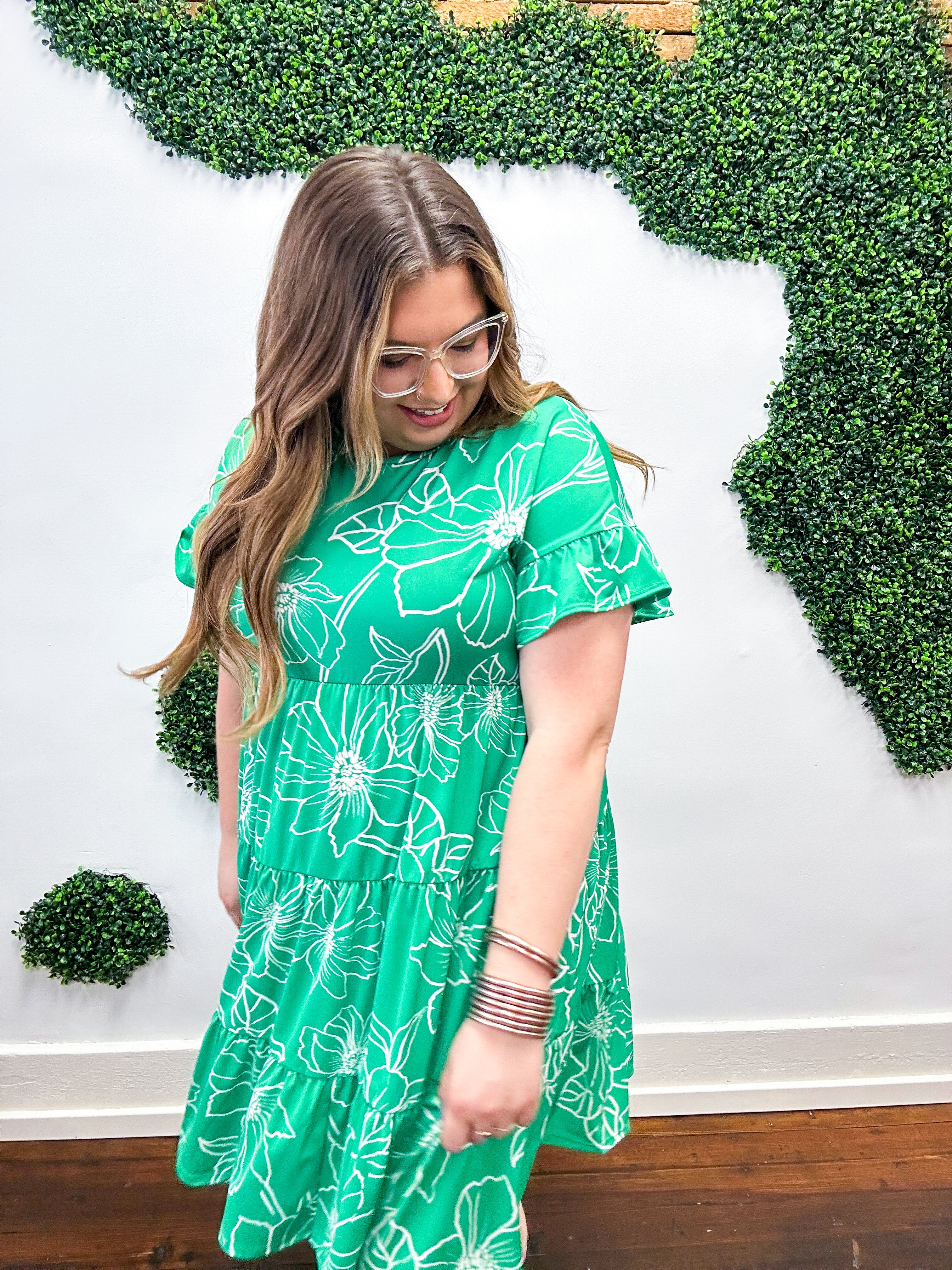Emerald Green Floral Dolman Sleeve Babydoll Dress