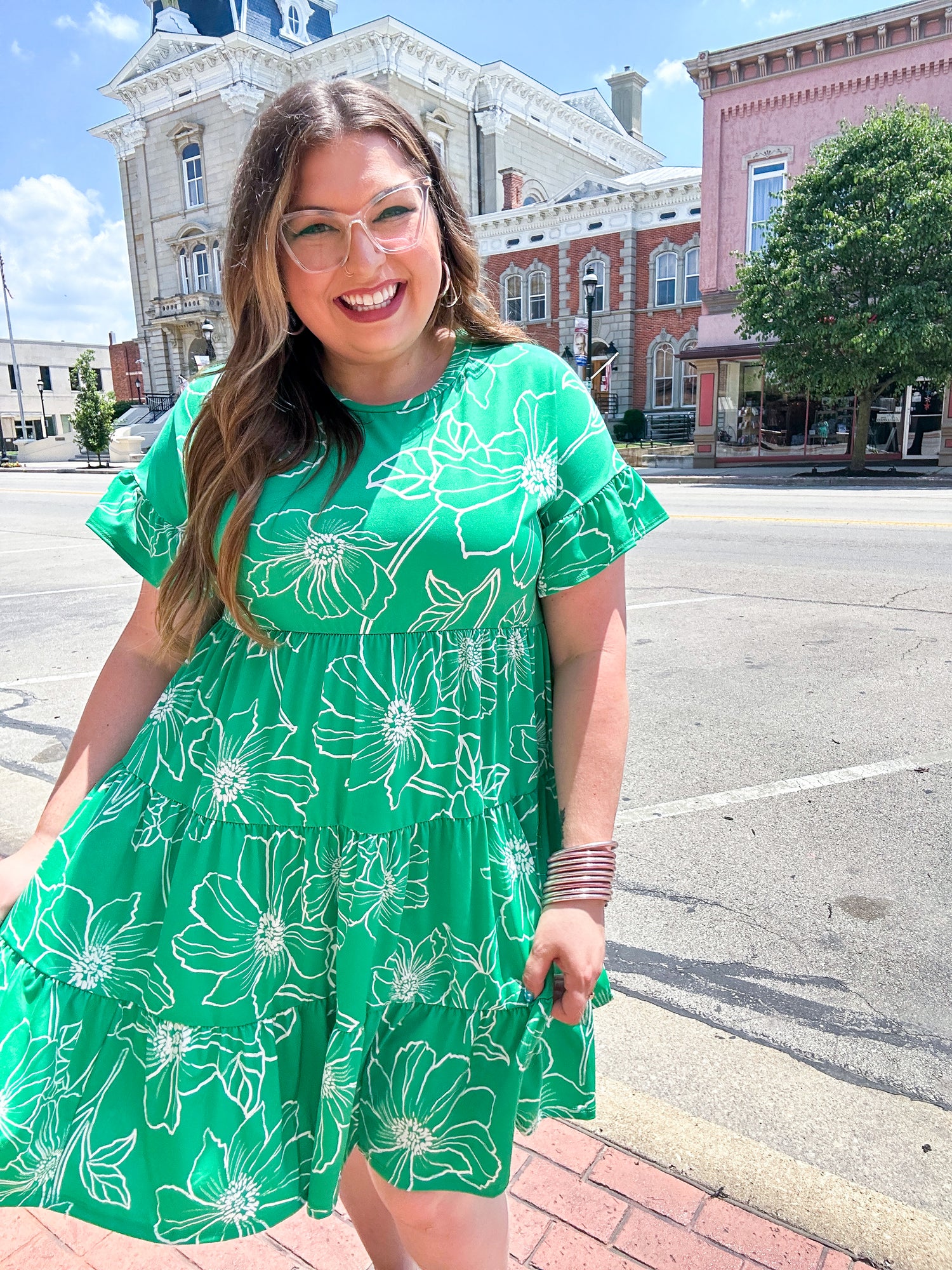 Emerald Green Floral Dolman Sleeve Babydoll Dress