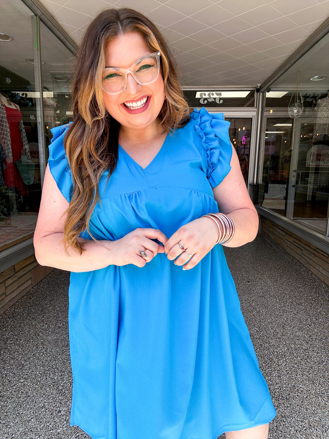 Sky Blue Babydoll Ruffle V Neck Crepe Dress