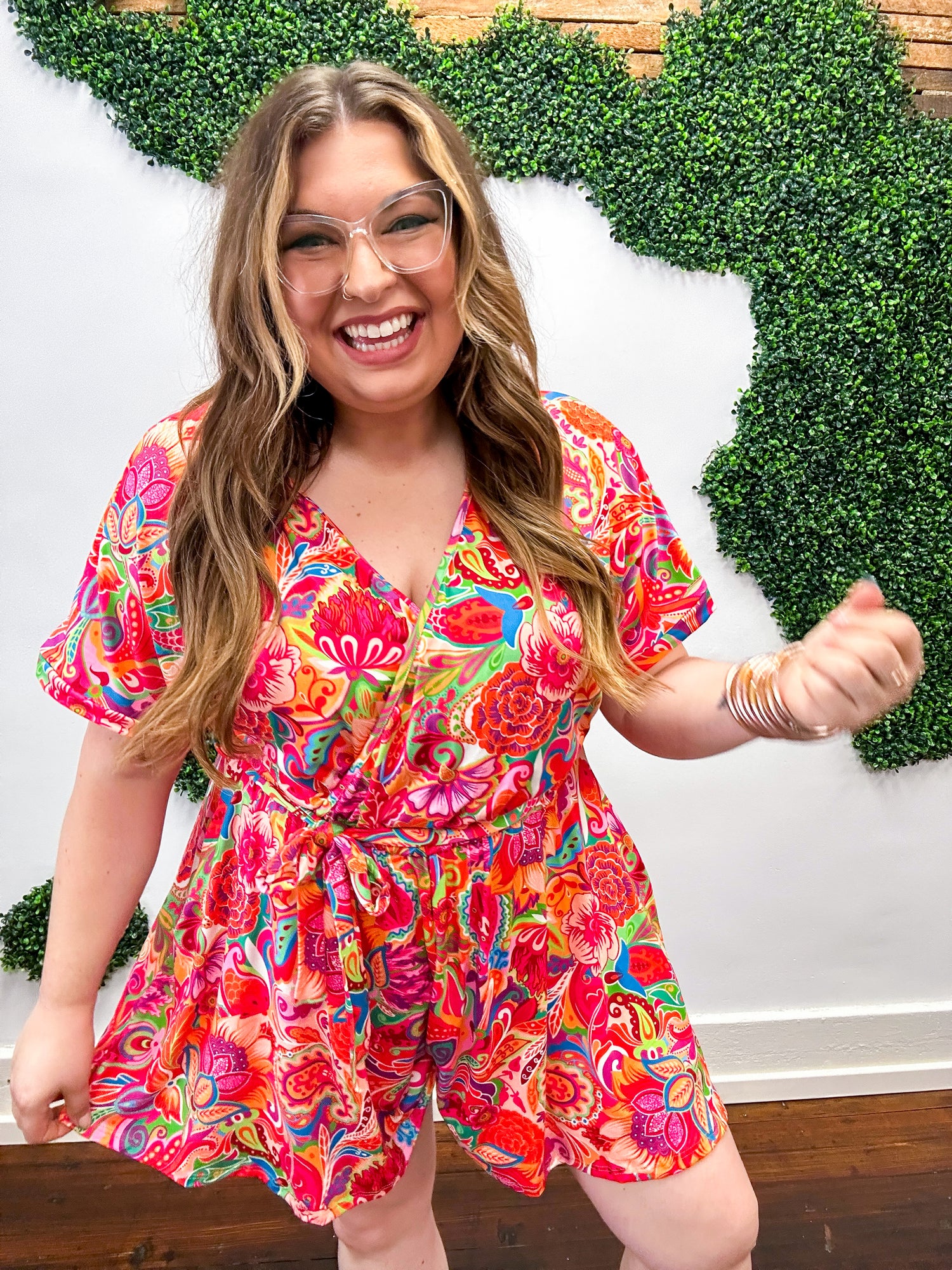 Vibrant Multicolor Floral Print Surplice Romper