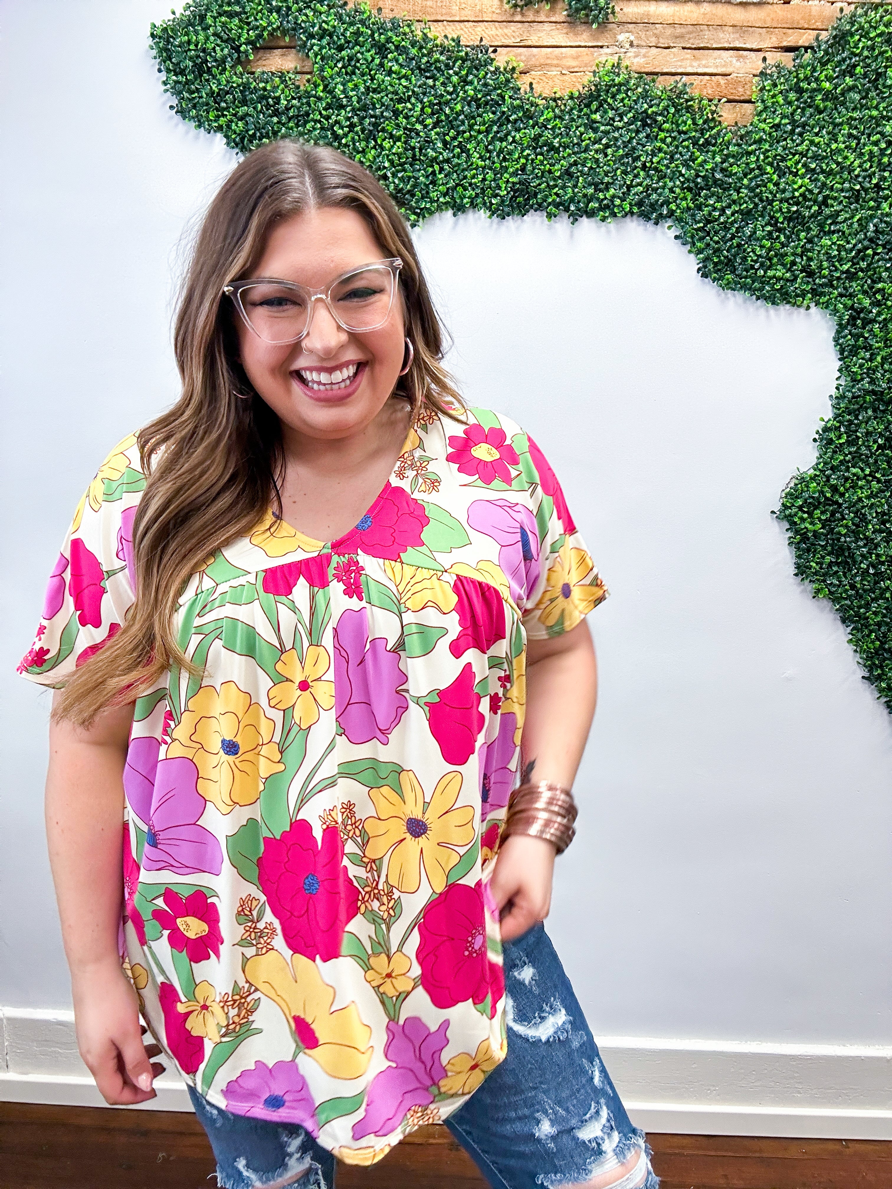 Multicolor Floral V Neck Dolman Top
