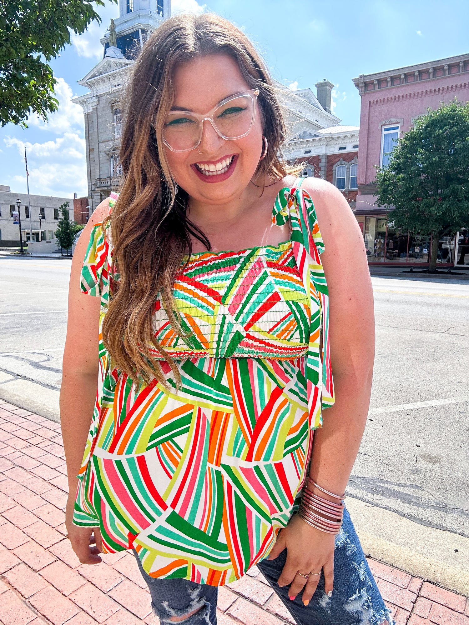 Orange &amp; Green Geometric Smocked Shoulder Tie Top