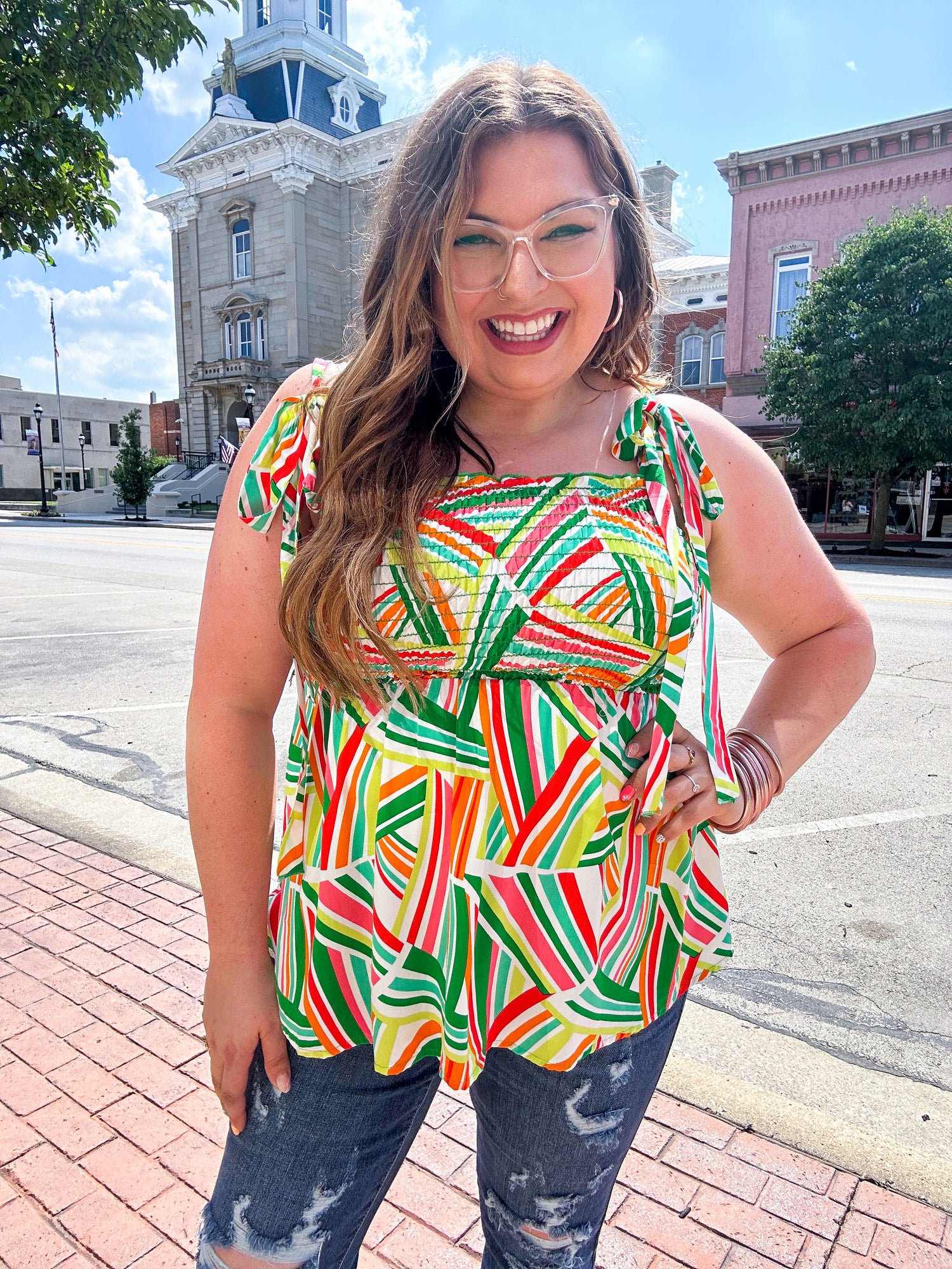 Orange &amp; Green Geometric Smocked Shoulder Tie Top