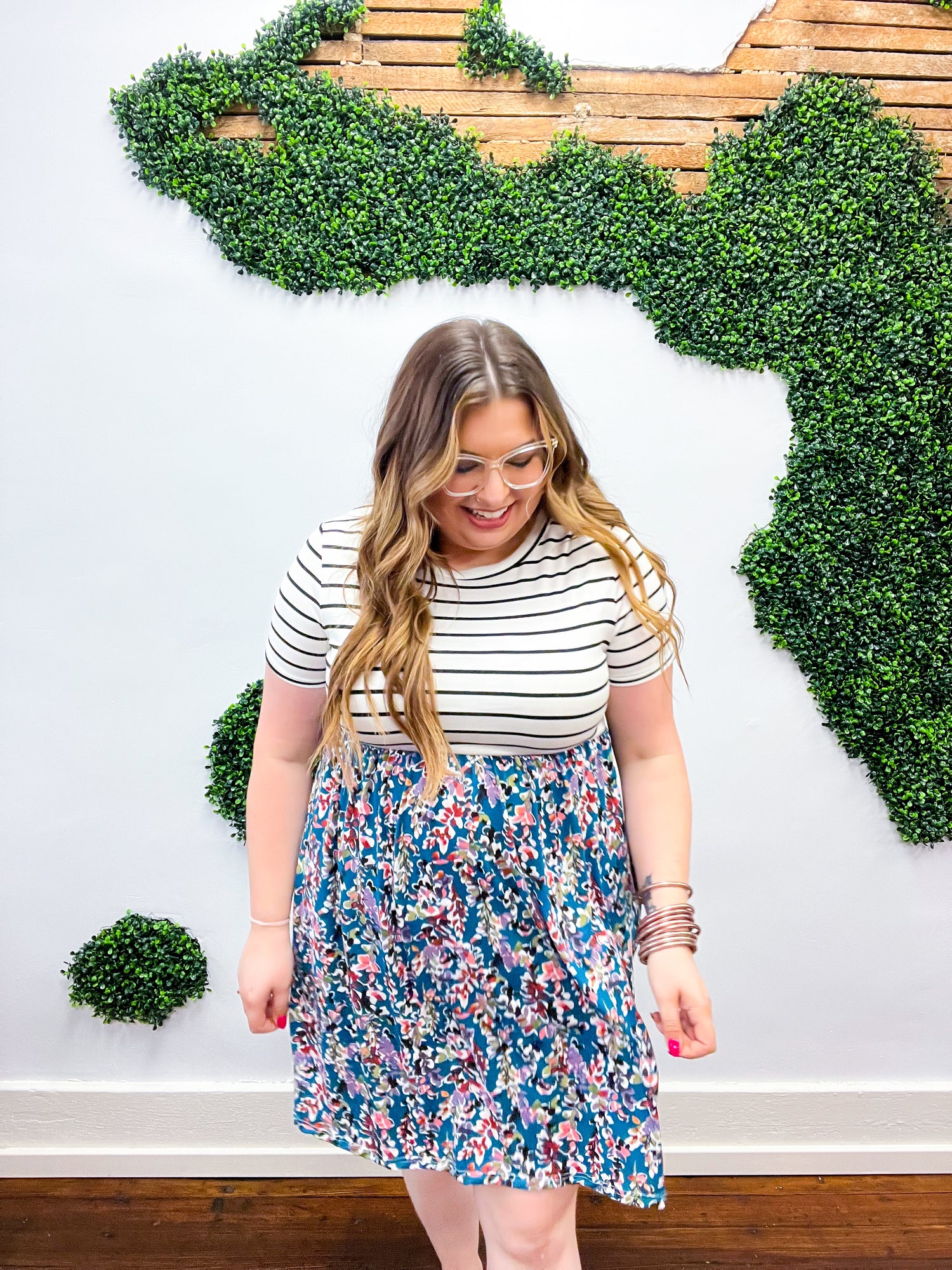 Dark Teal Two-Fer Stripe &amp; Floral Color Block Dress