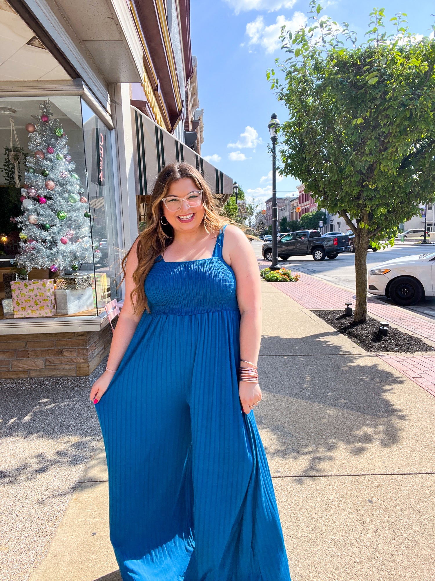 Ocean Blue Smocked Rib Wide Leg Romper Jumpsuit