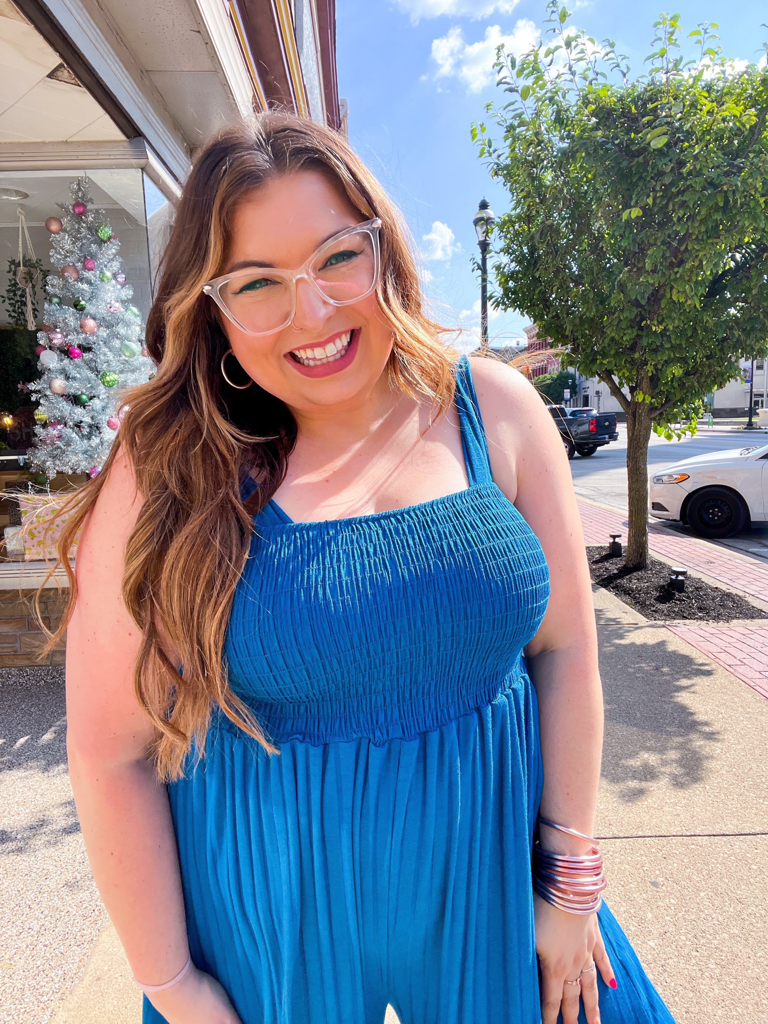 Ocean Blue Smocked Rib Wide Leg Romper Jumpsuit