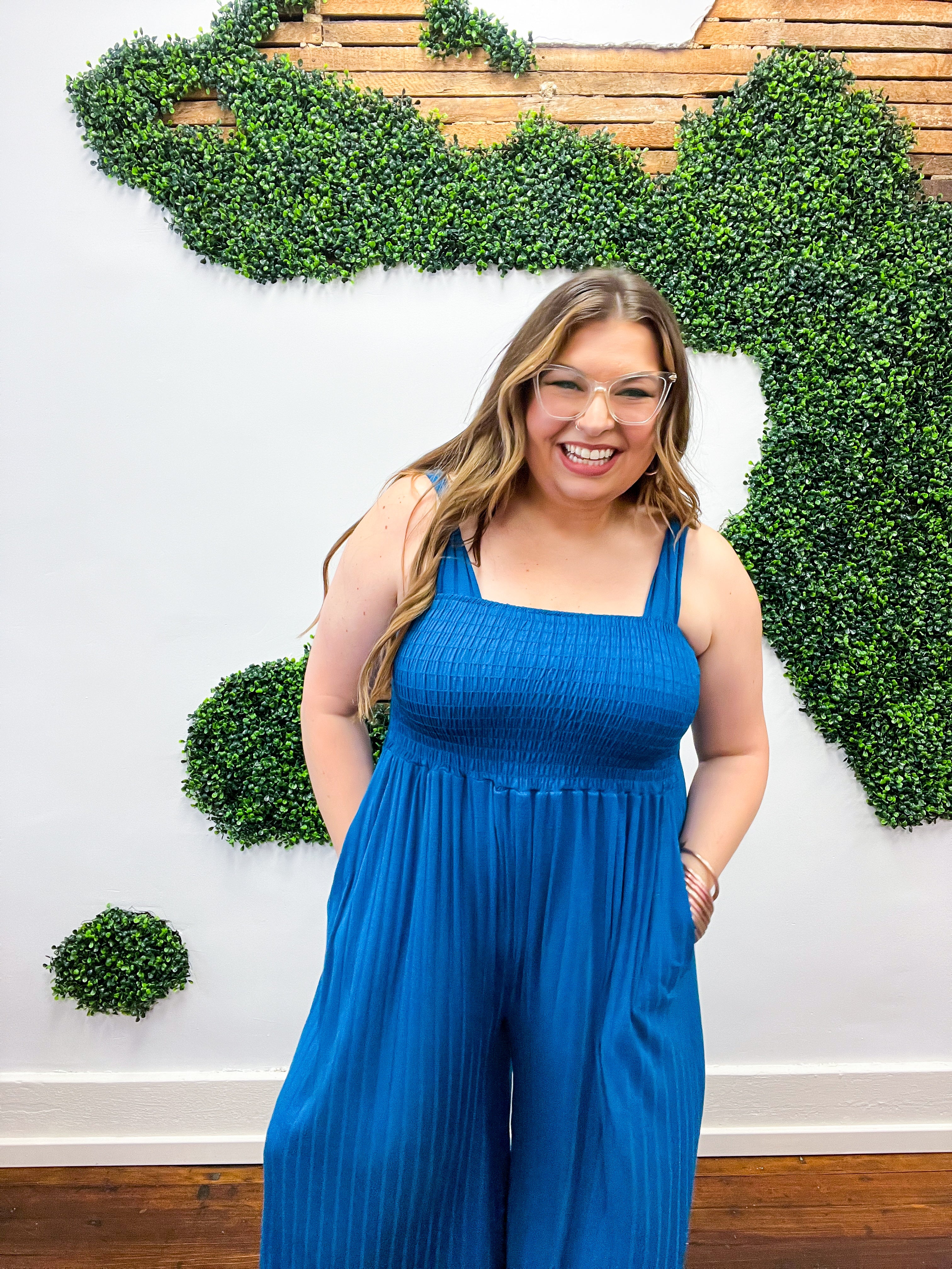 Ocean Blue Smocked Rib Wide Leg Romper Jumpsuit