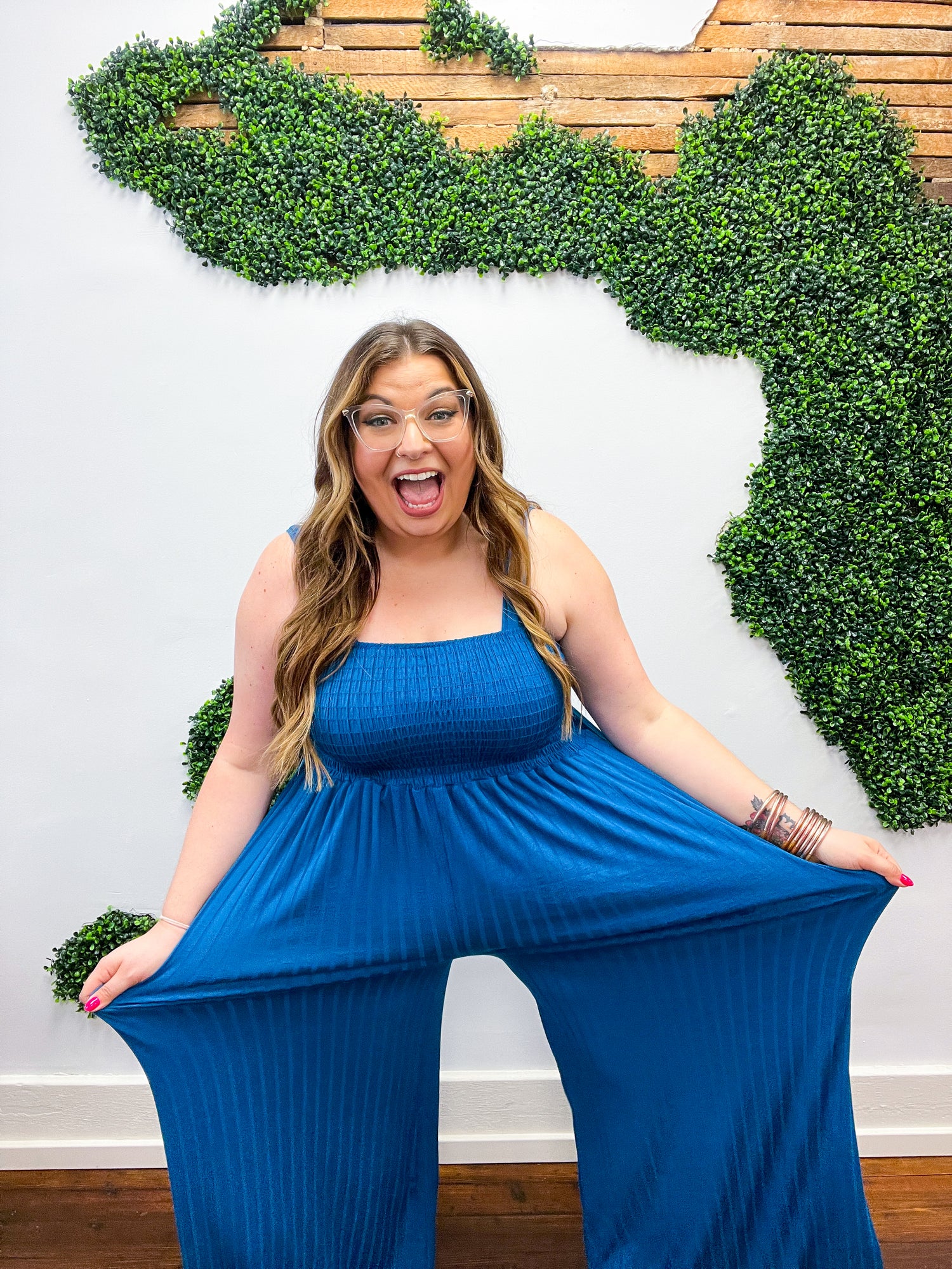 Ocean Blue Smocked Rib Wide Leg Romper Jumpsuit