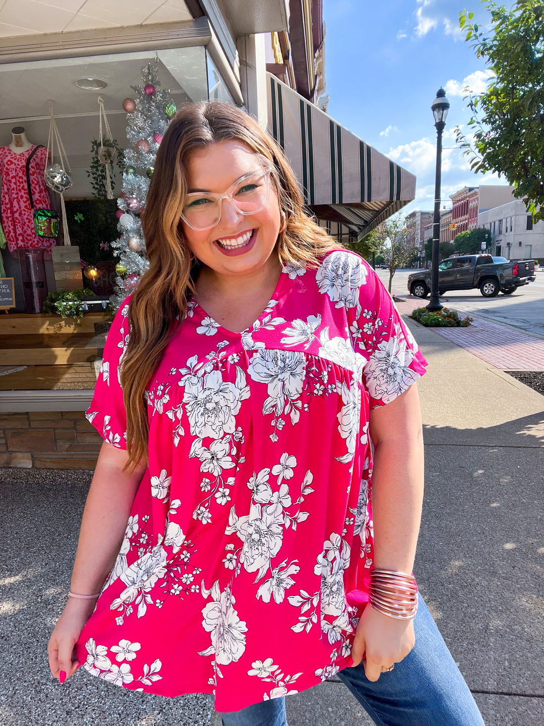 Fuchsia Floral V Neck Dolman Top